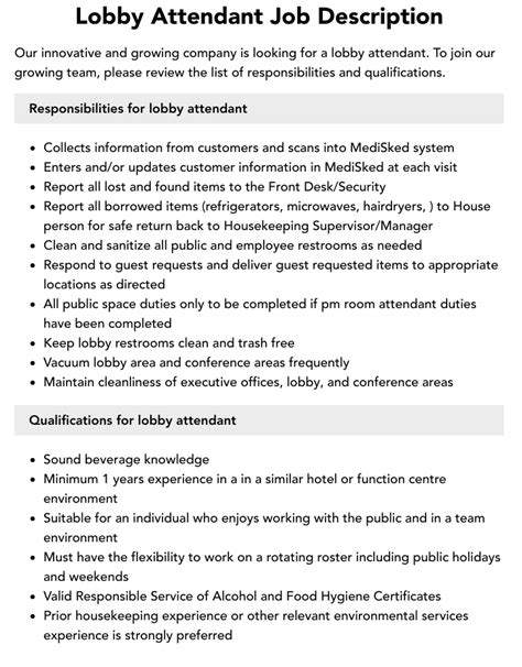 Lobby Attendant Job Description .